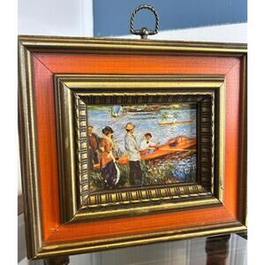 Vintage Framed Impressionist Style Art Print Boating Scene Gold Wood Frame